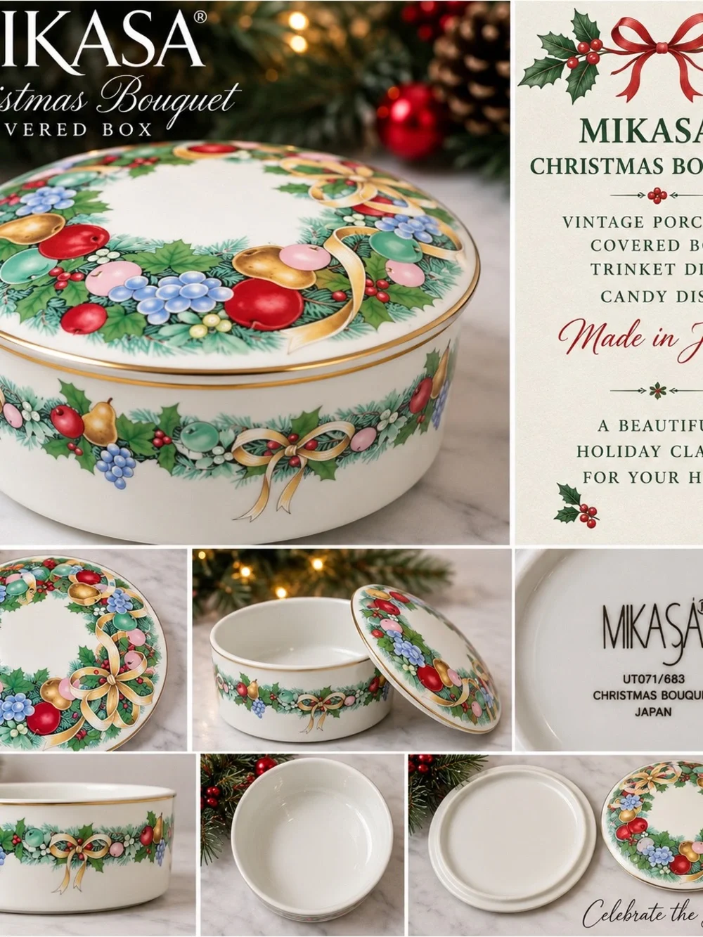Mikasa Christmas Bouquet Covered Trinket Box - White with Holiday Wreath